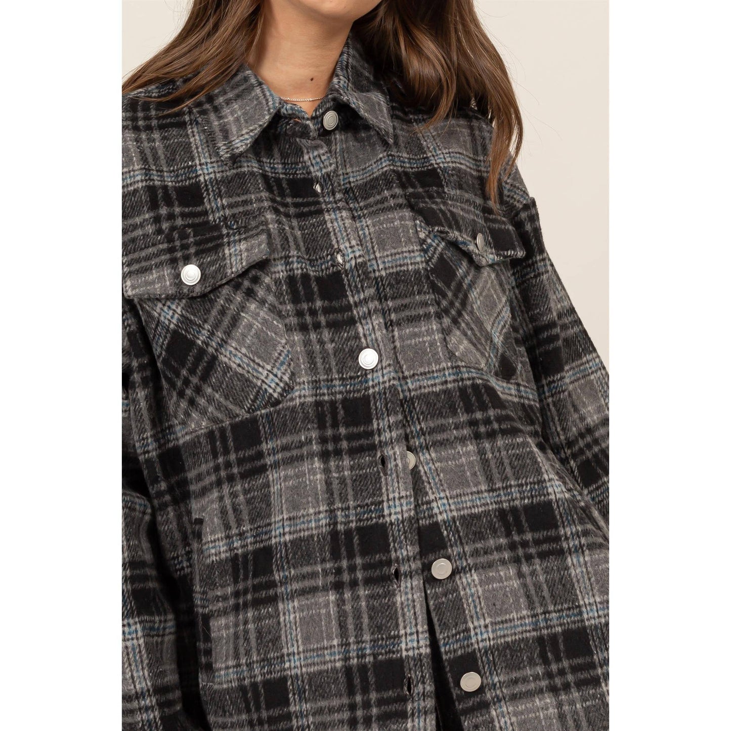HYFVE - Plaid Shacket With Pockets: BLACK / S-M-L(1-1-1)