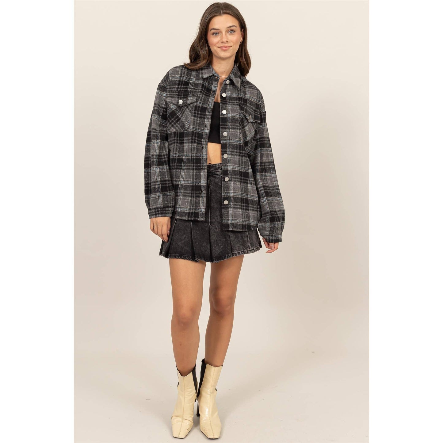 HYFVE - Plaid Shacket With Pockets: BLACK / S-M-L(1-1-1)