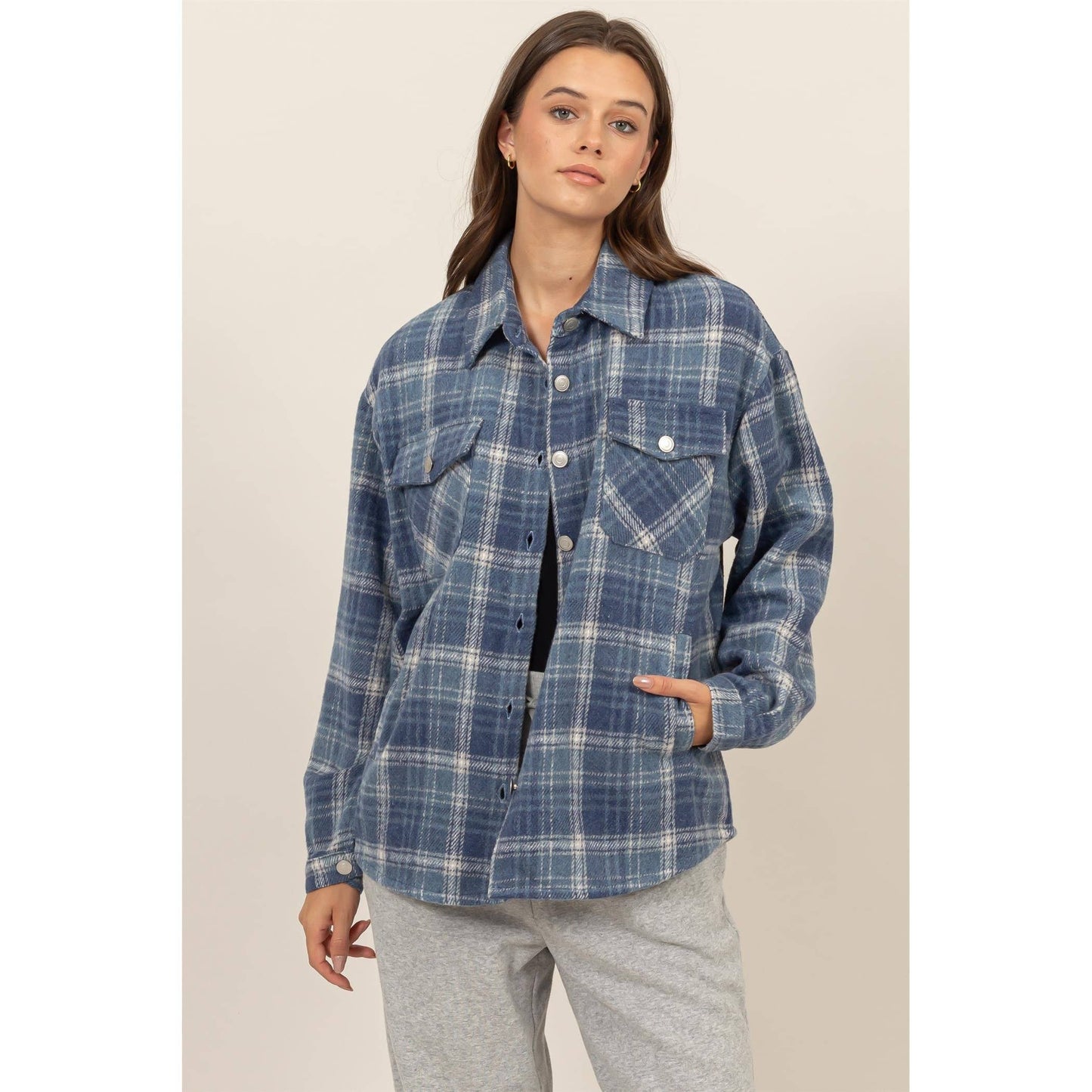 HYFVE - Plaid Shacket With Pockets: BLACK / S-M-L(1-1-1)