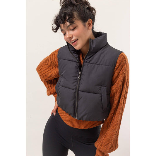 HYFVE - Cropped Zipper Closure Puffer Vest: BLACK / S-M-L(2-2-2)