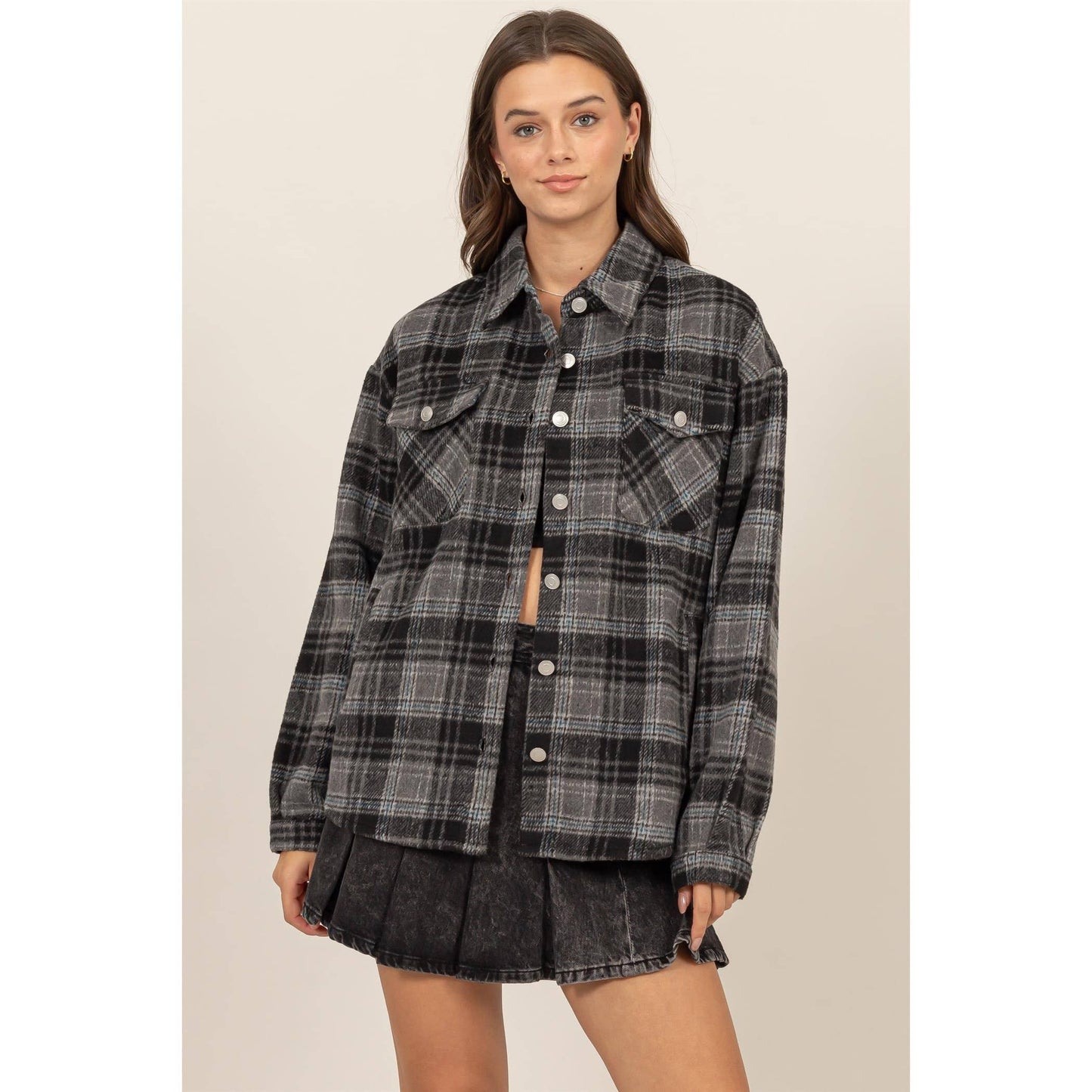HYFVE - Plaid Shacket With Pockets: BLACK / S-M-L(1-1-1)