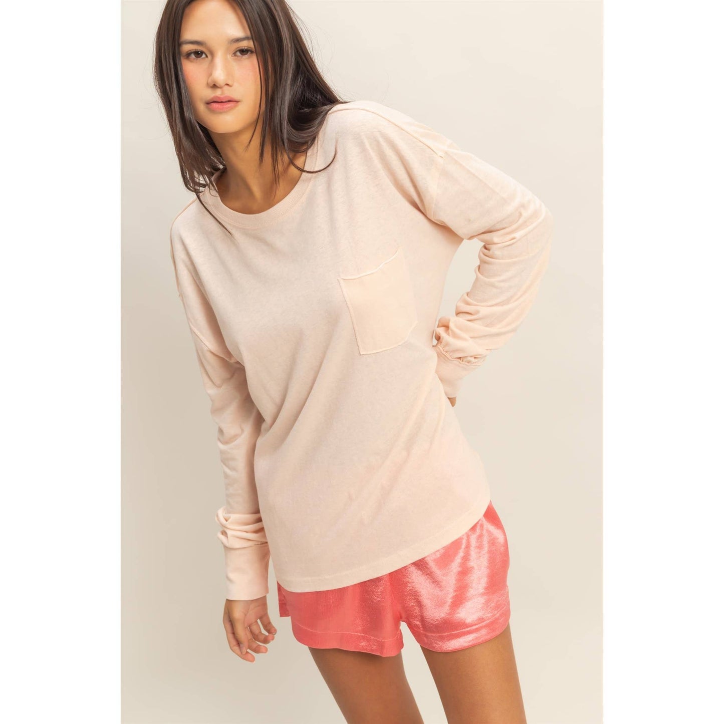 HYFVE - Long Sleeve Pocket T-Shirt: DUSTY PINK / S-M-L(2-2-2)